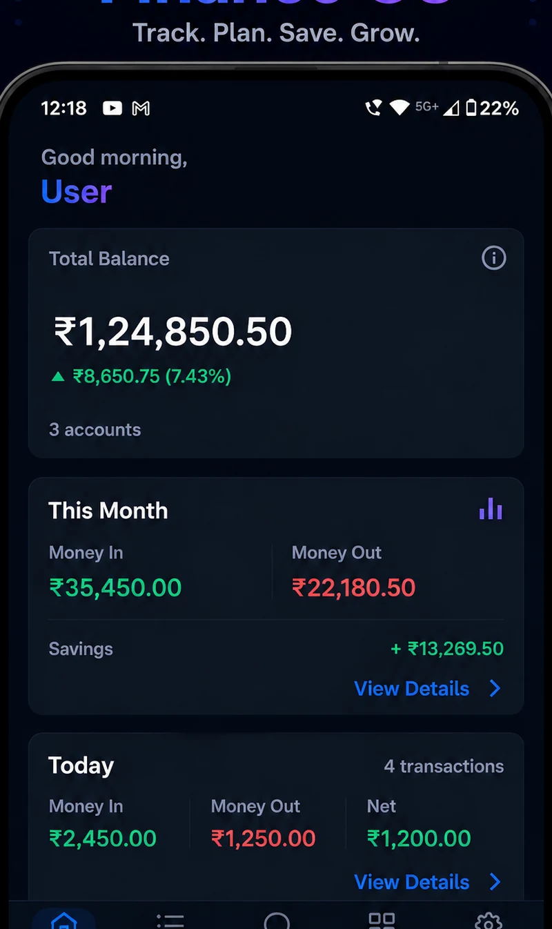 AQVIK home screen showing total balance across accounts, money in and out for the month, and today's activity