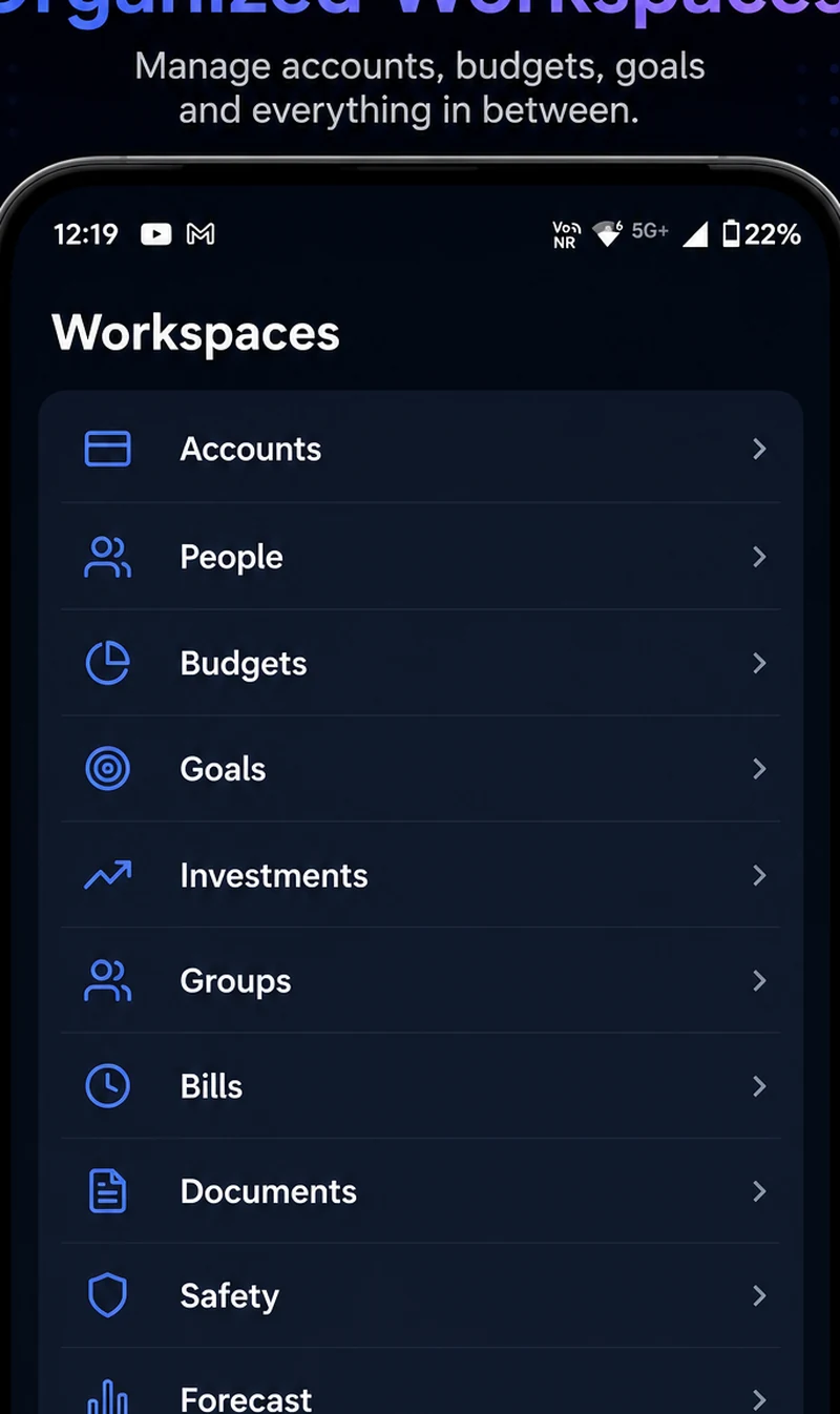AQVIK workspaces screen listing accounts, people, budgets, goals, investments, groups, bills and documents